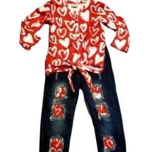 Mia Bella 2 piece Red Heart Tie Shirt & Peek a boo Jeans S 2T